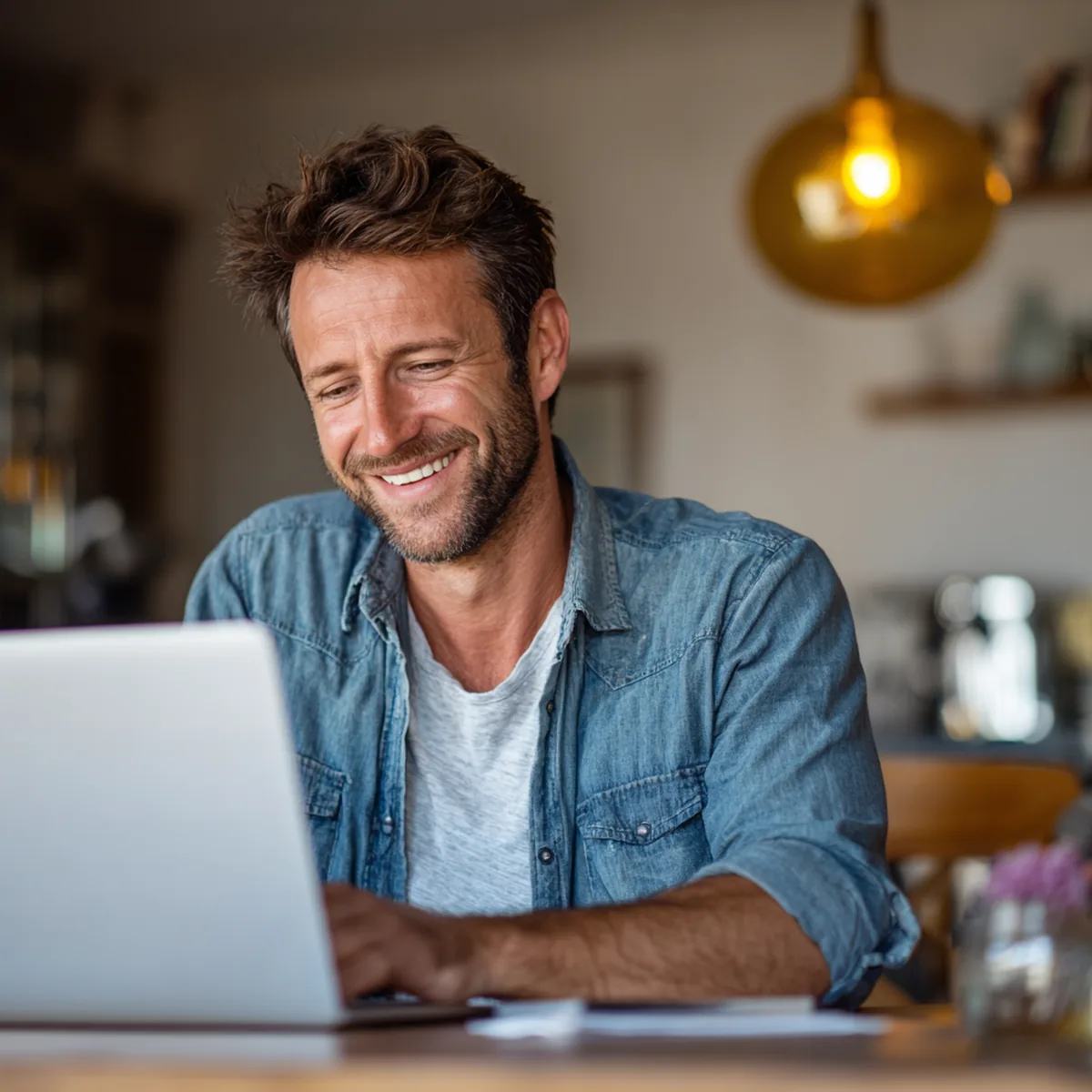 A relaxed Cape Town home user smiling while working comfortably on his laptop