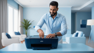 A guy setting up a new printer